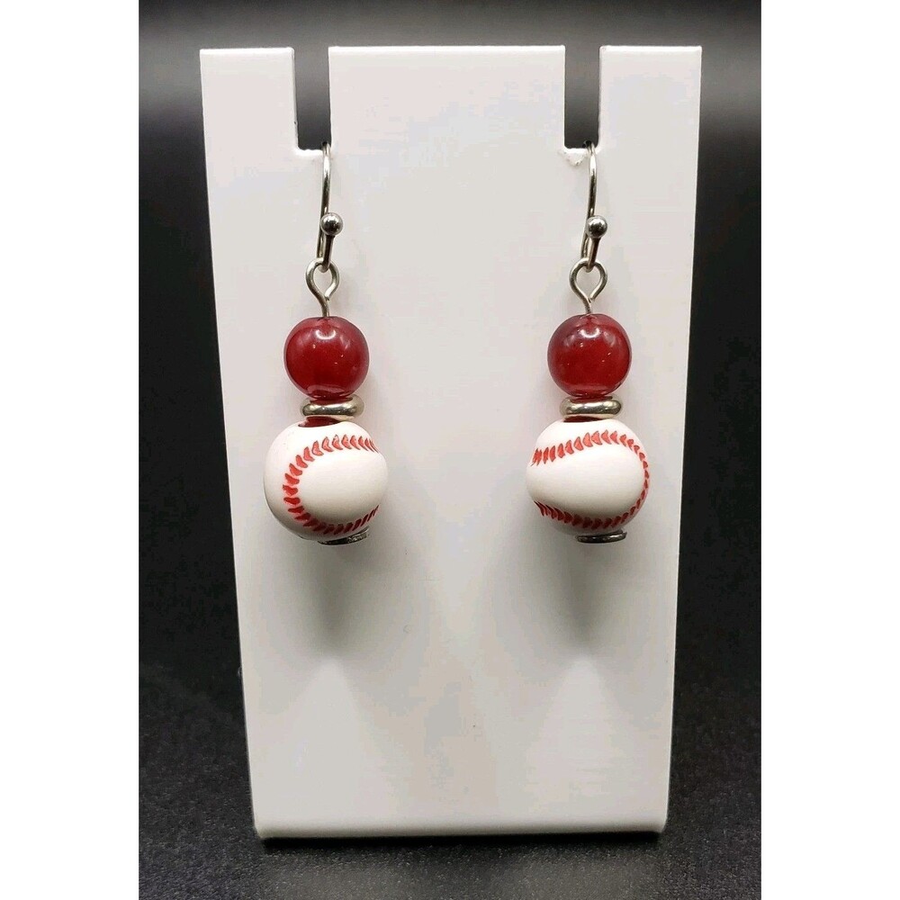 Dangle/Drop/Costume/ ~White Ceramic Baseball~ Beaded Round Glass (Handcrafted)!!